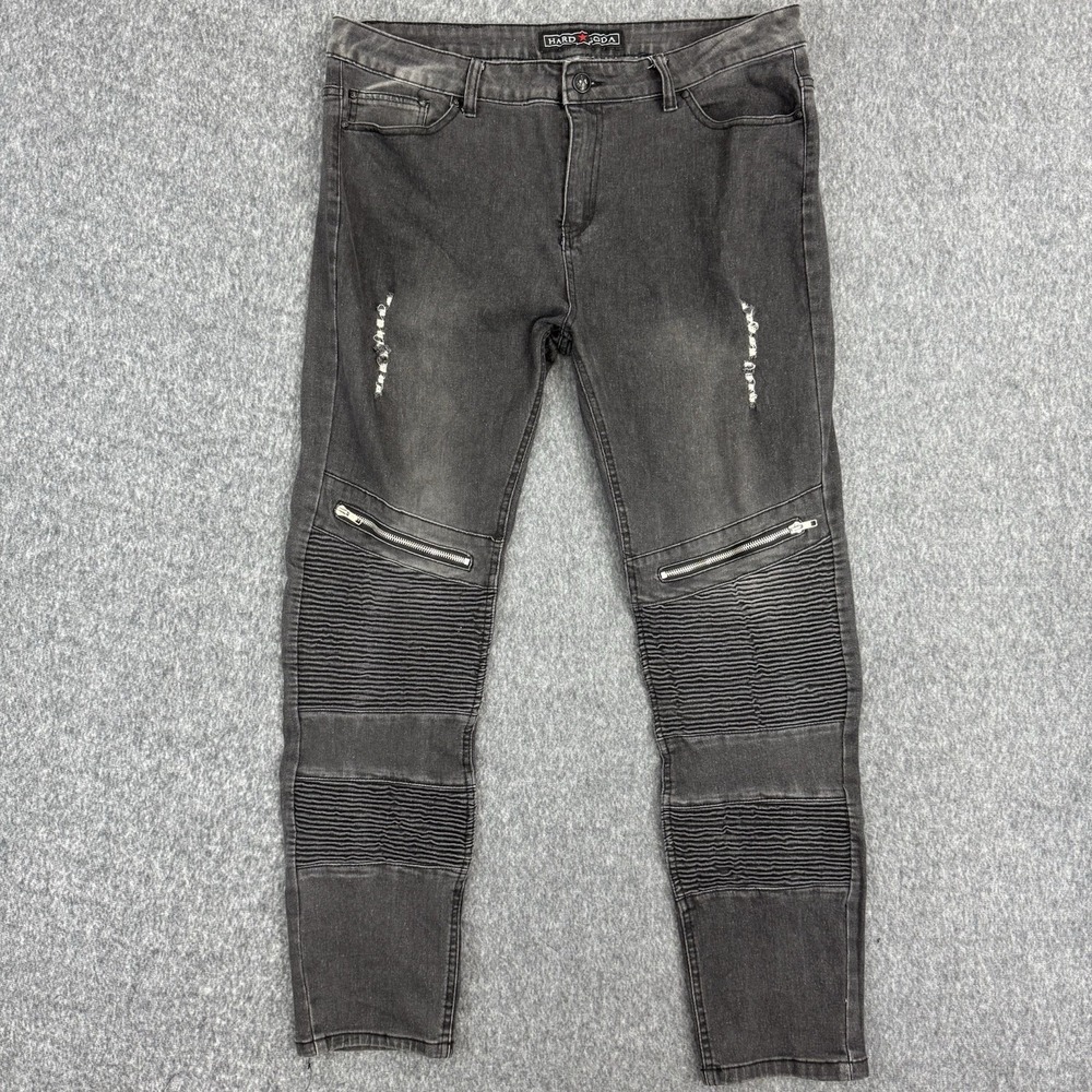 Hard‎ Soda Moto Jeans Mens 36x32 Black Distressed Biker Zip Stretch Denim